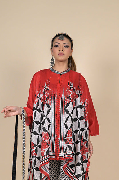 Beautiful Complex Printed Red & Black Kaftan, Cotton Muslin - Summer Collection #ISH-24-02