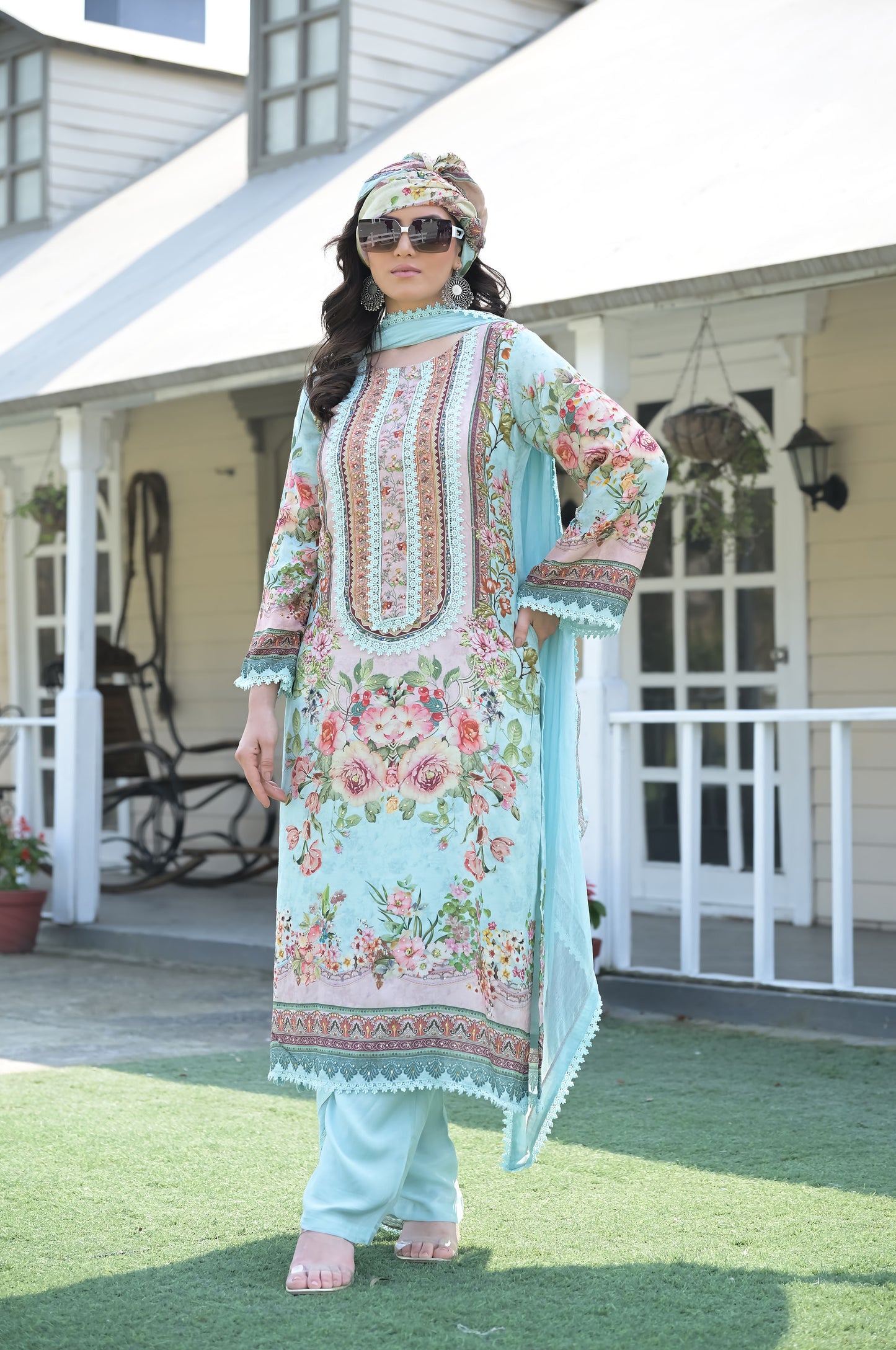 Serene Teal Floral Embroidered Dress, Cotton Muslin - Summer Collection #ISH-012-01