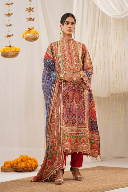 Riwayat - Luxurious Red Viscose crepe Suit in Multicolor