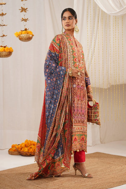 Riwayat - Luxurious Red Viscose crepe Suit in Multicolor