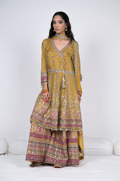 Royal Grandeur in Mustard: Rajwada Rivaaz Angrakha Short Anarkali Suit