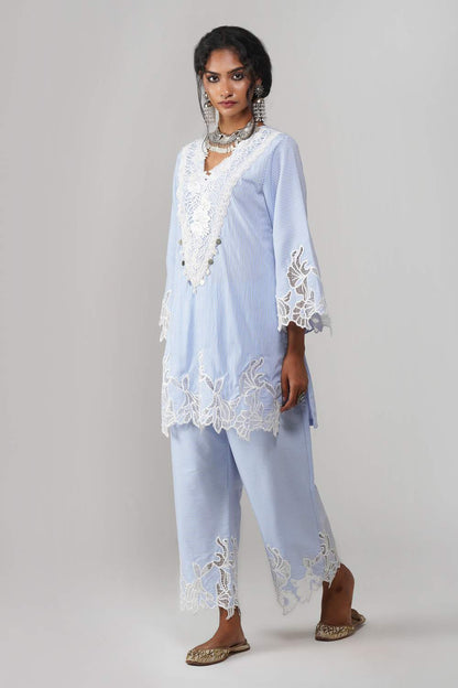 Rangreez Striped Cot-Cotton Co-ord Set with Floral Lace
