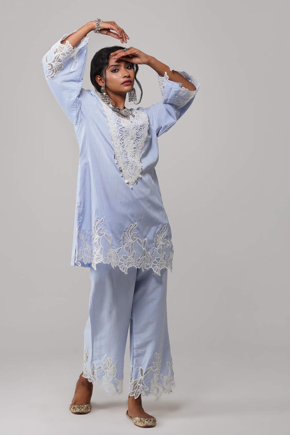 Rangreez Striped Cot-Cotton Co-ord Set with Floral Lace