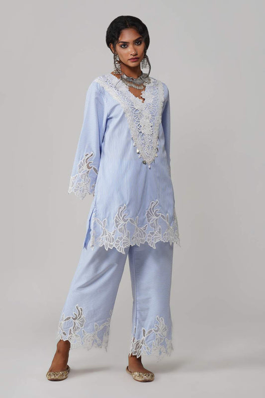 Rangreez Striped Cot-Cotton Co-ord Set with Floral Lace