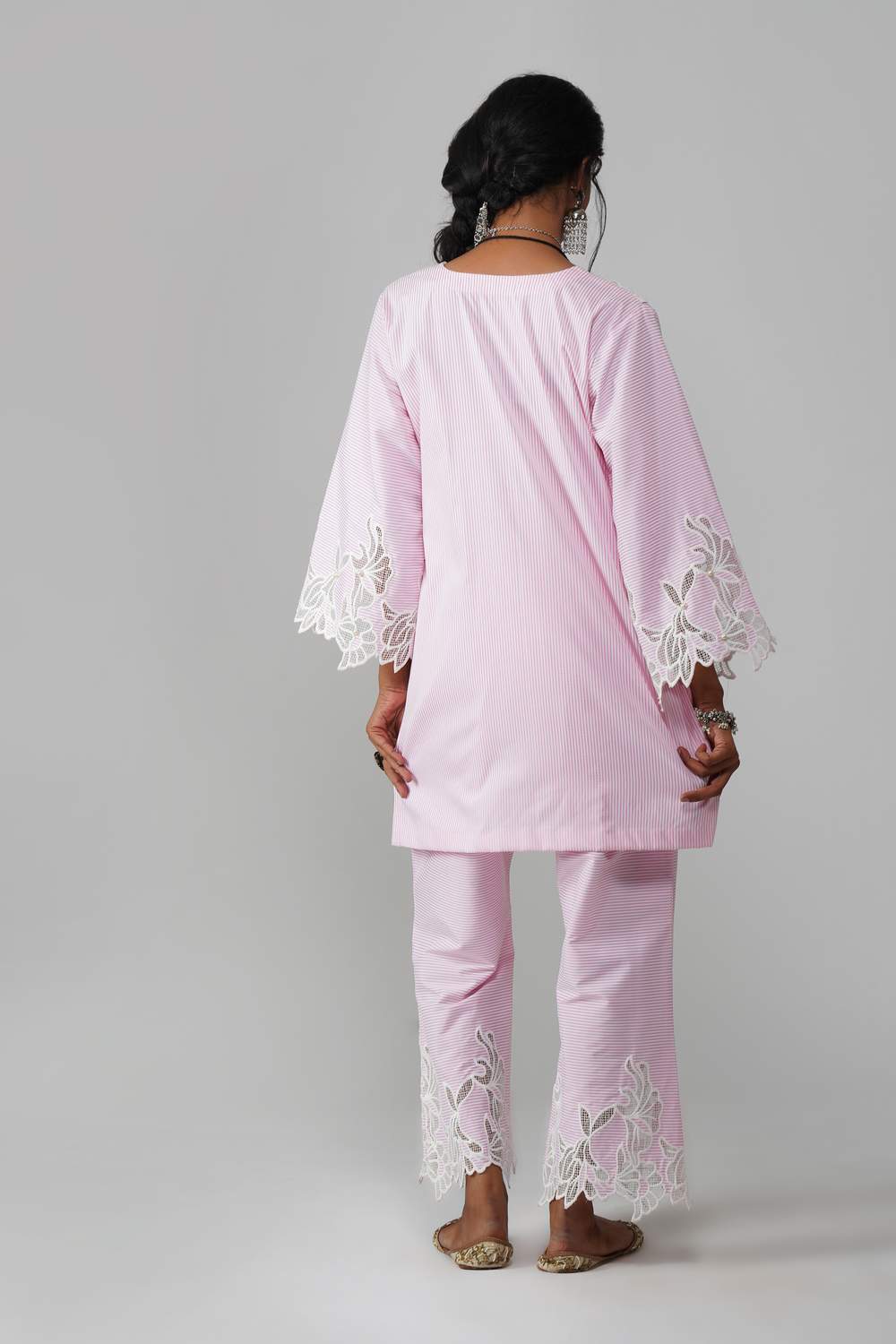 Rangreez Striped Cot-Cotton Co-ord Set with Floral Lace