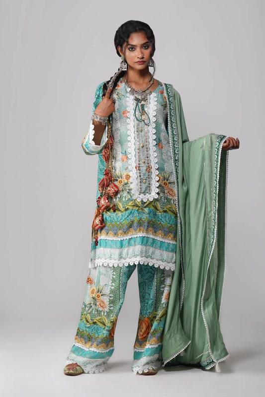 Ishum Pastel Sage Handcrafted Cotton Muslin Suit Set with Embroidered Detailing
