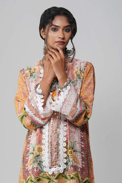 Ishum Blooming Peach Multicolor Floral Cotton Muslin Kurta with Lace Accents