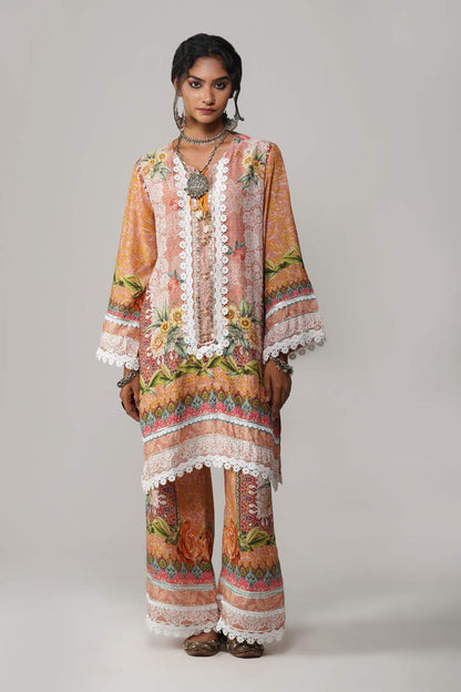 Ishum Blooming Peach Multicolor Floral Cotton Muslin Kurta with Lace Accents