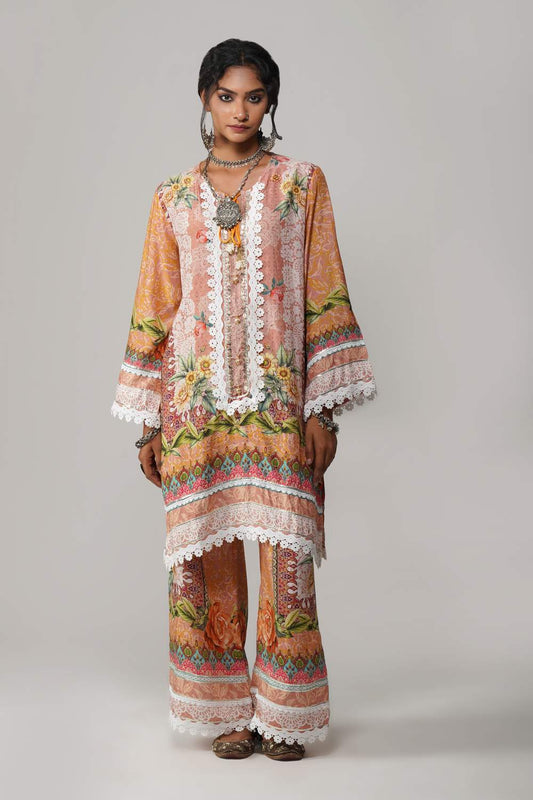 Ishum Blooming Peach Multicolor Floral Cotton Muslin Kurta with Lace Accents