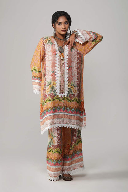 Ishum Blooming Peach Multicolor Floral Cotton Muslin Kurta with Lace Accents