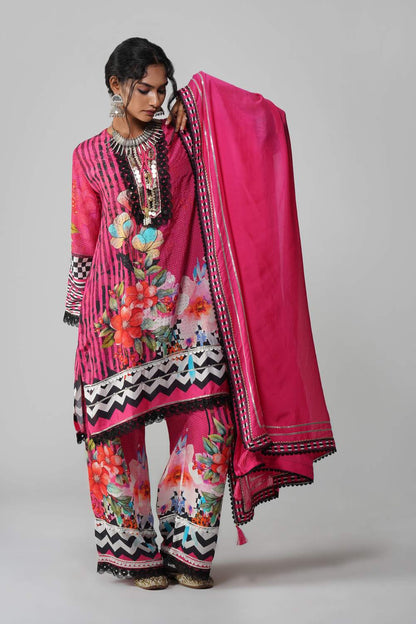 Ishum Fuchsia Fusion Printed Kurta in Cotton Muslin with Black Lace Detailing