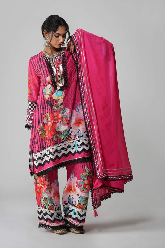 Ishum Fuchsia Fusion Printed Kurta in Cotton Muslin with Black Lace Detailing