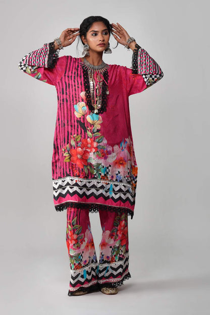 Ishum Fuchsia Fusion Printed Kurta in Cotton Muslin with Black Lace Detailing