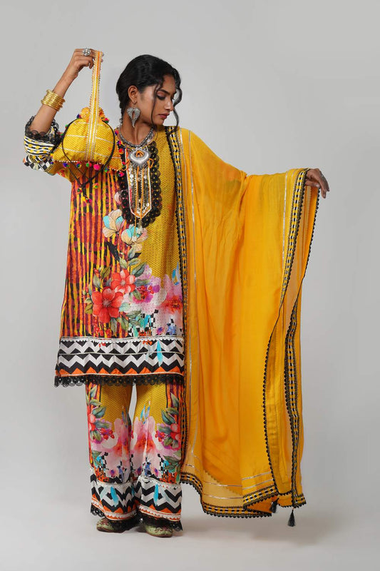 Ishum Sunshine Yellow Dupatta Set with Multicolor Floral Kurta in Cotton Muslin