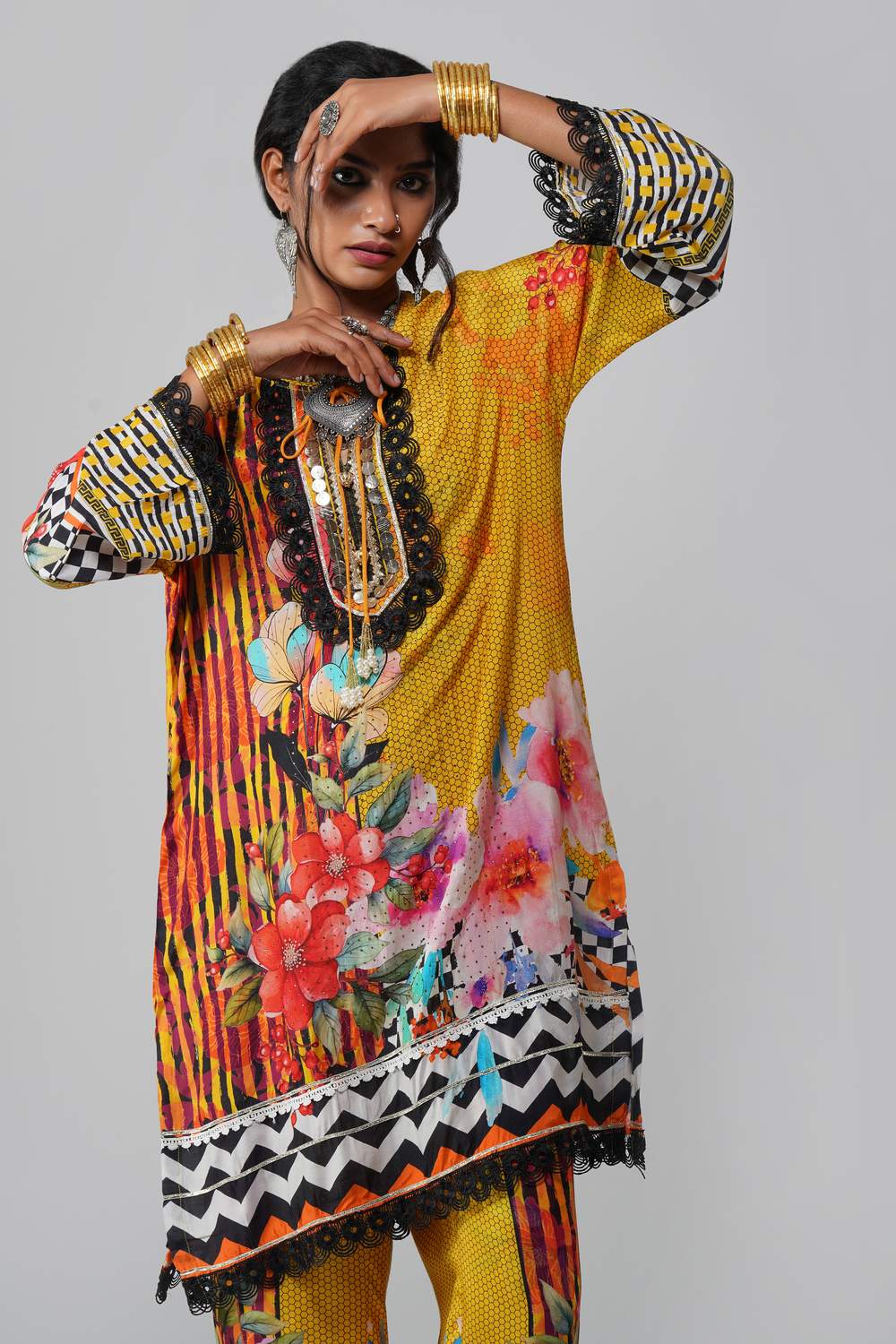 Ishum Sunshine Yellow Dupatta Set with Multicolor Floral Kurta in Cotton Muslin