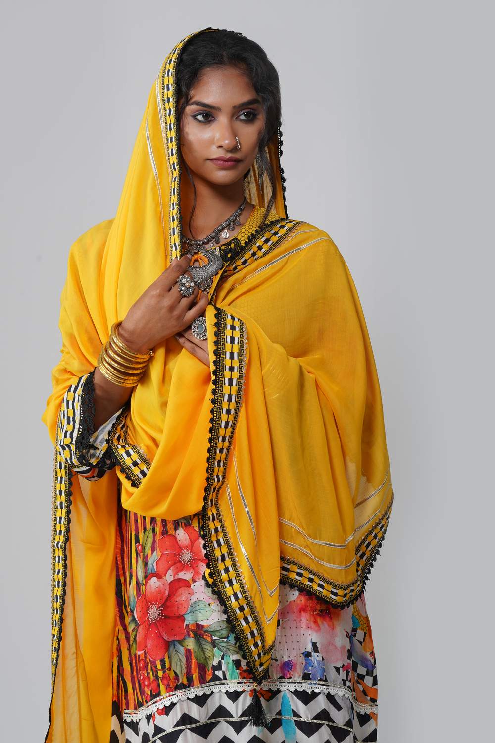 Ishum Sunshine Yellow Dupatta Set with Multicolor Floral Kurta in Cotton Muslin