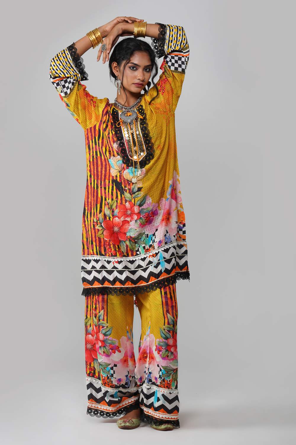 Ishum Sunshine Yellow Dupatta Set with Multicolor Floral Kurta in Cotton Muslin