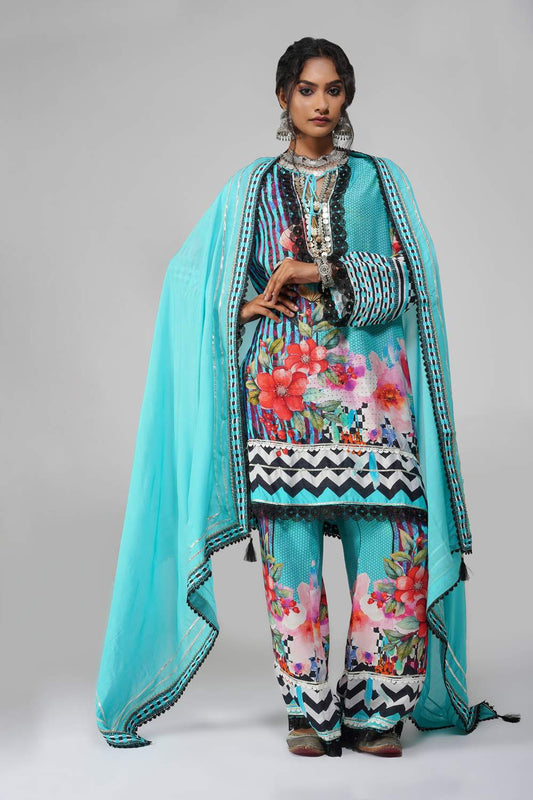 Ishum Teal Bloom Kurta with Artistic Florals in Cotton Muslin