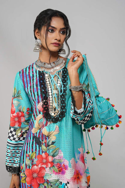 Ishum Teal Bloom Kurta with Artistic Florals in Cotton Muslin