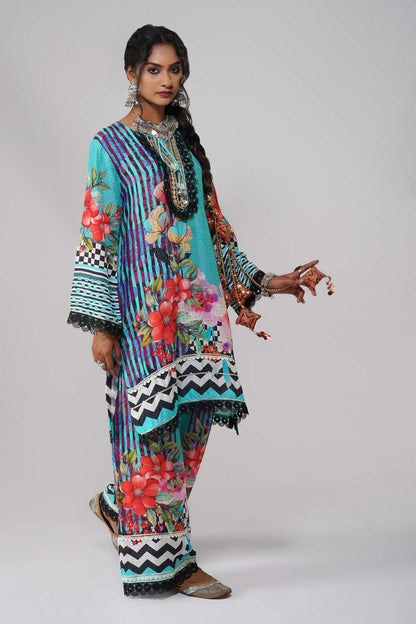 Ishum Teal Bloom Kurta with Artistic Florals in Cotton Muslin