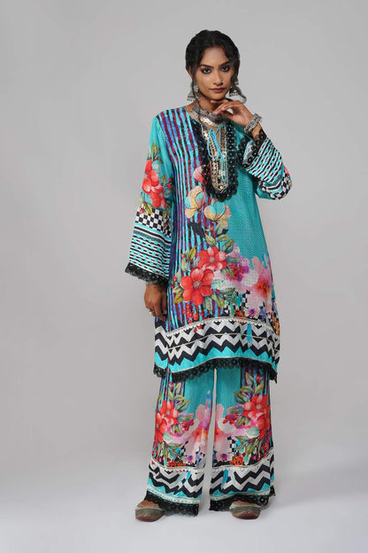 Ishum Teal Bloom Kurta with Artistic Florals in Cotton Muslin