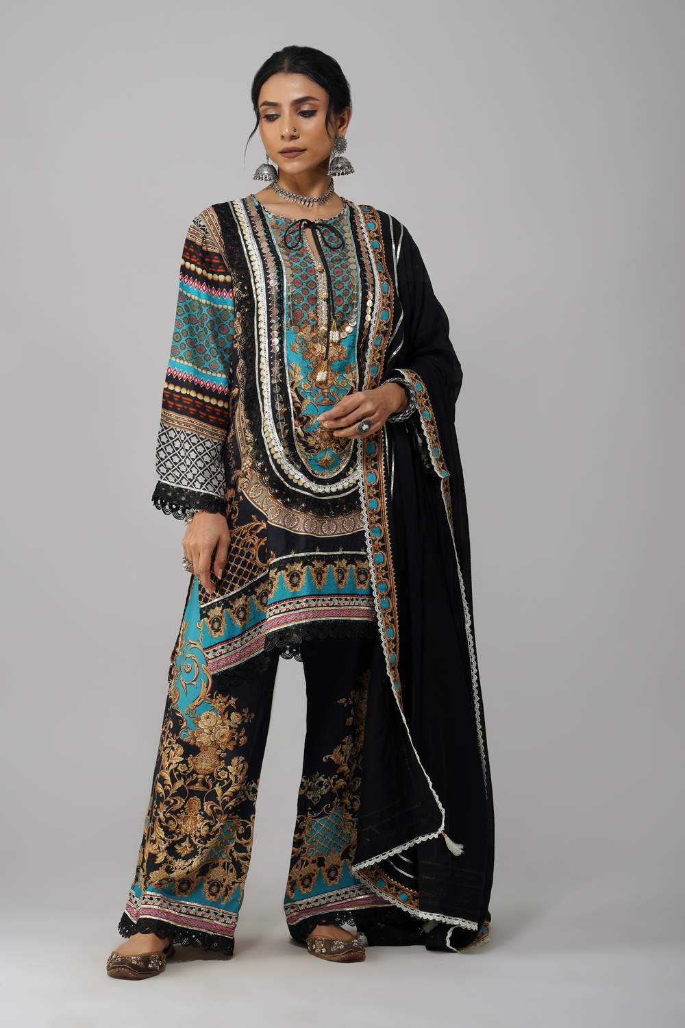 Ishum Boho Luxe Kurta in Teal & Black – Cotton Muslin Statement Wear