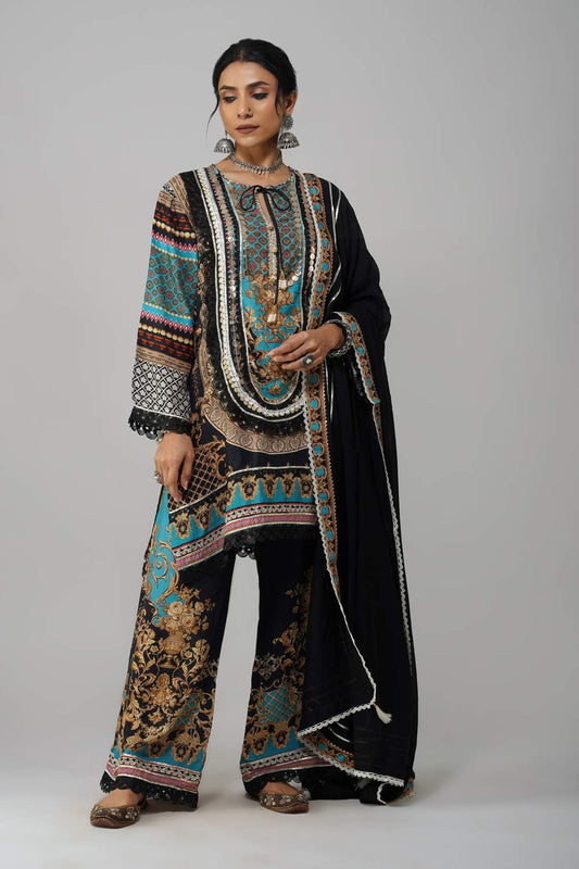 Ishum Boho Luxe Kurta in Teal & Black – Cotton Muslin Statement Wear