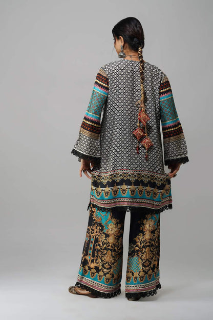 Ishum Boho Luxe Kurta in Teal & Black – Cotton Muslin Statement Wear