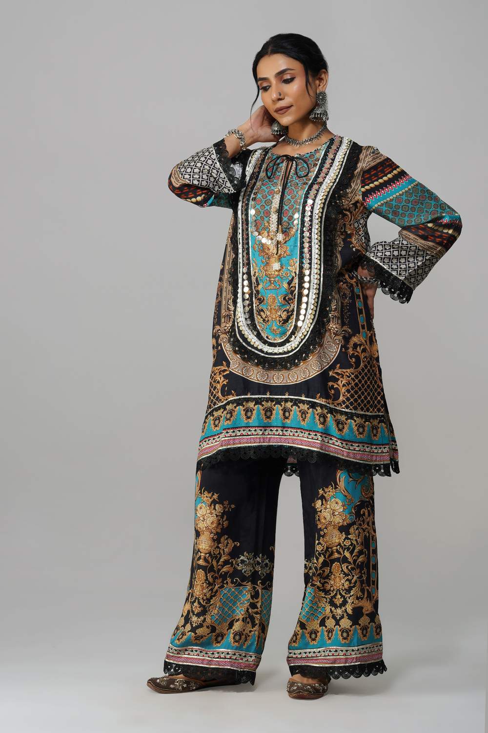 Ishum Boho Luxe Kurta in Teal & Black – Cotton Muslin Statement Wear