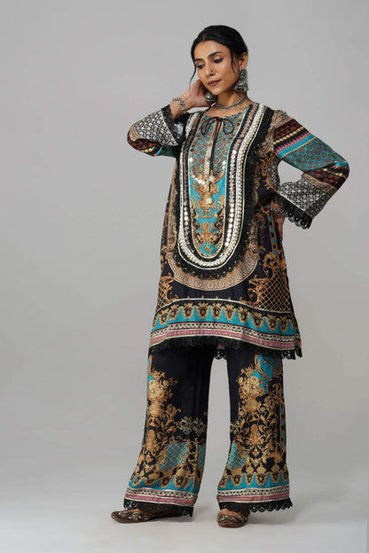 Ishum Boho Luxe Kurta in Teal & Black – Cotton Muslin Statement Wear