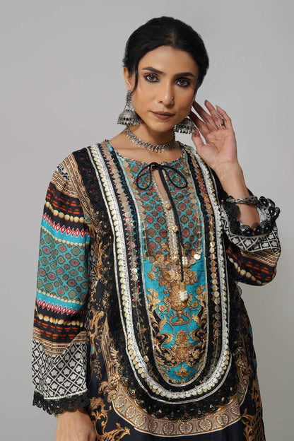 Ishum Boho Luxe Kurta in Teal & Black – Cotton Muslin Statement Wear