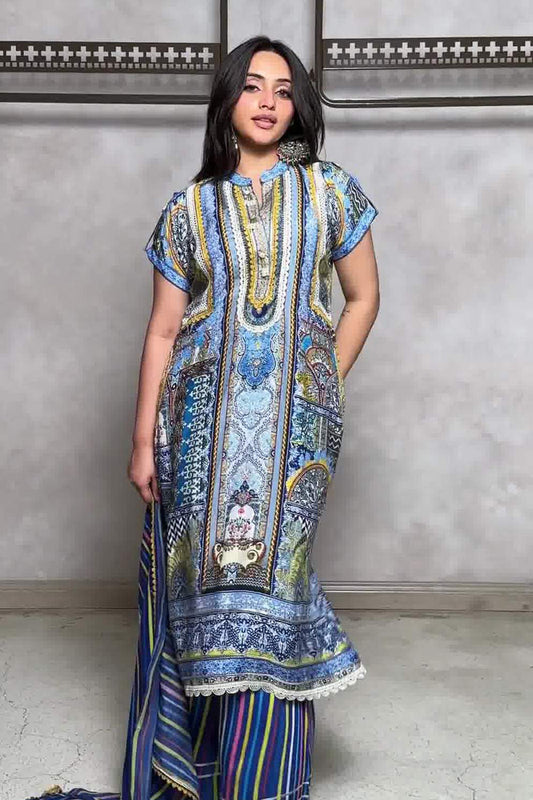 Noorani Royal Blue A-Line Suit in Cotton Muslin