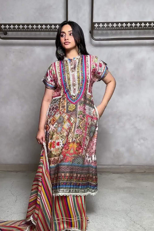 Zehra Multicolor Heritage A-Line Suit in Cotton Muslin