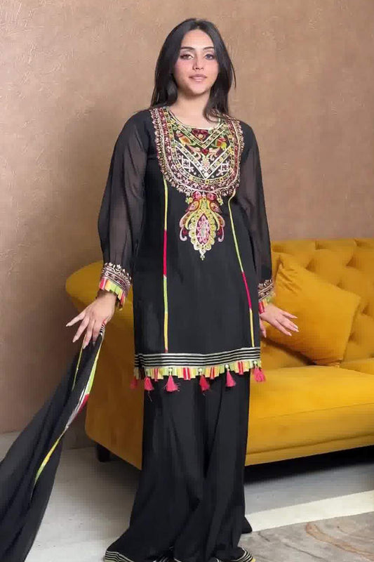 Noor Noir Embroidered Straight Suit in Cotton Muslin