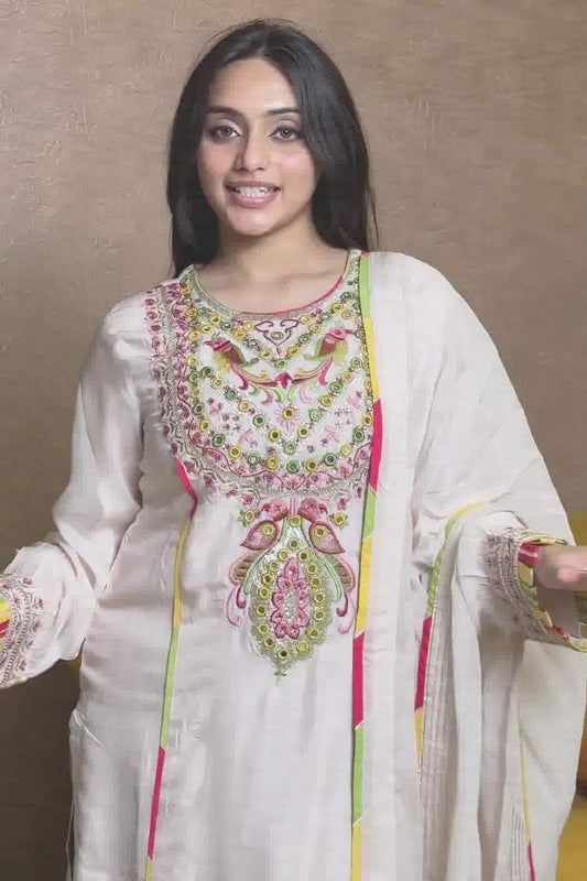 Zariah Ivory Embroidered Straight Suit in Cotton Muslin
