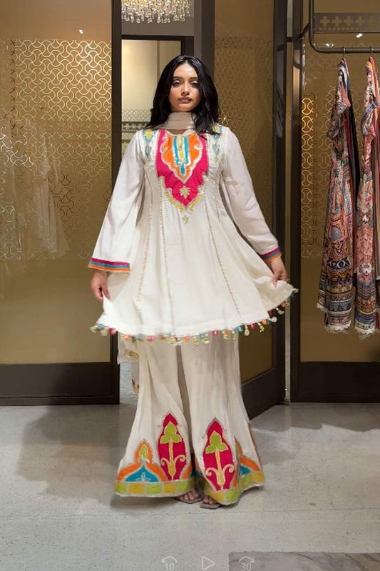 Inaaya White Multicolor Embroidered Straight Suit in Cotton Muslin