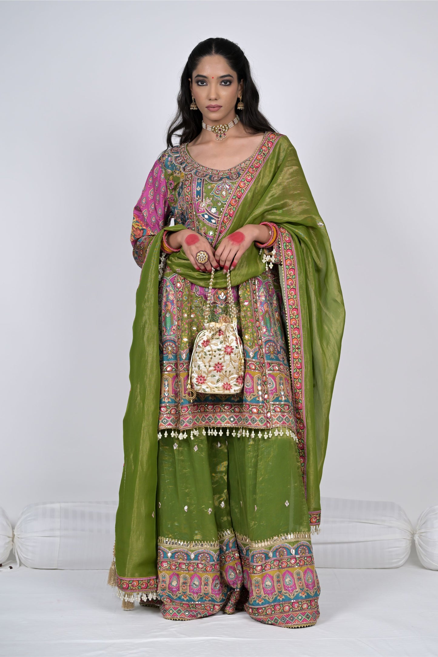 Regal Charm: Rajwada Riwaaz Olive Green Viscose Crepe Sharara Suit