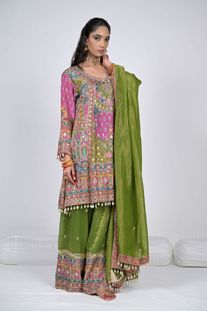 Regal Charm: Rajwada Riwaaz Olive Green Viscose Crepe Sharara Suit