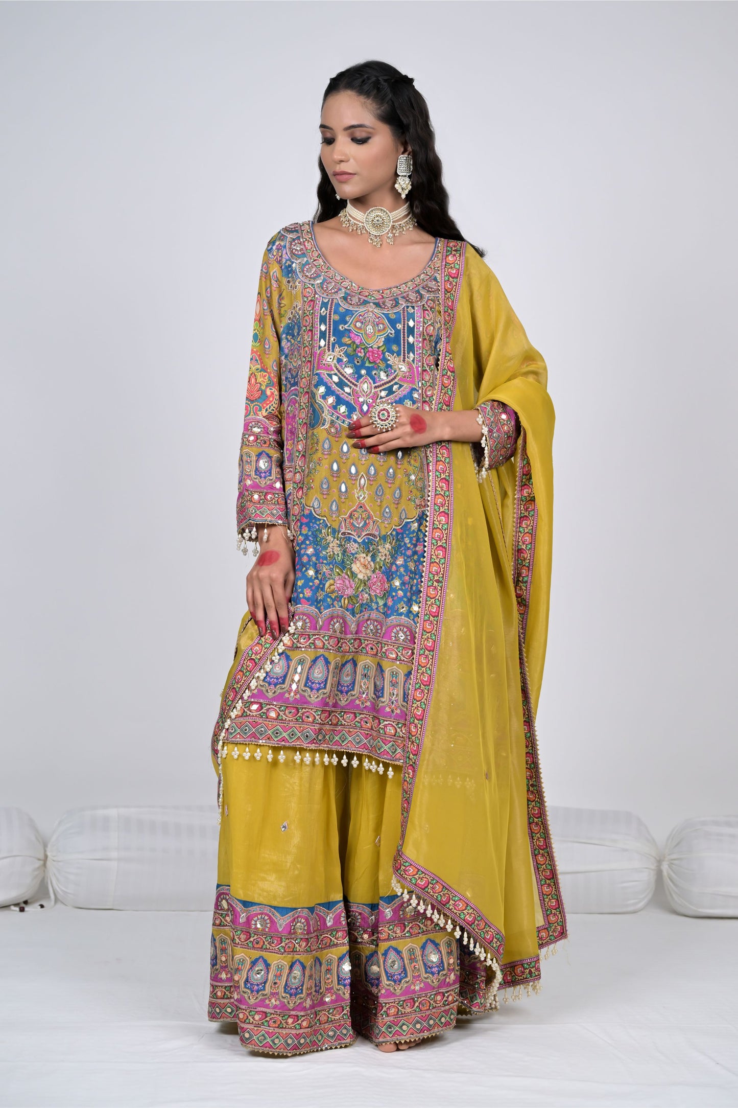 Regal Charm: Rajwada Riwaaz Mustard Viscose Crepe Sharara Suit