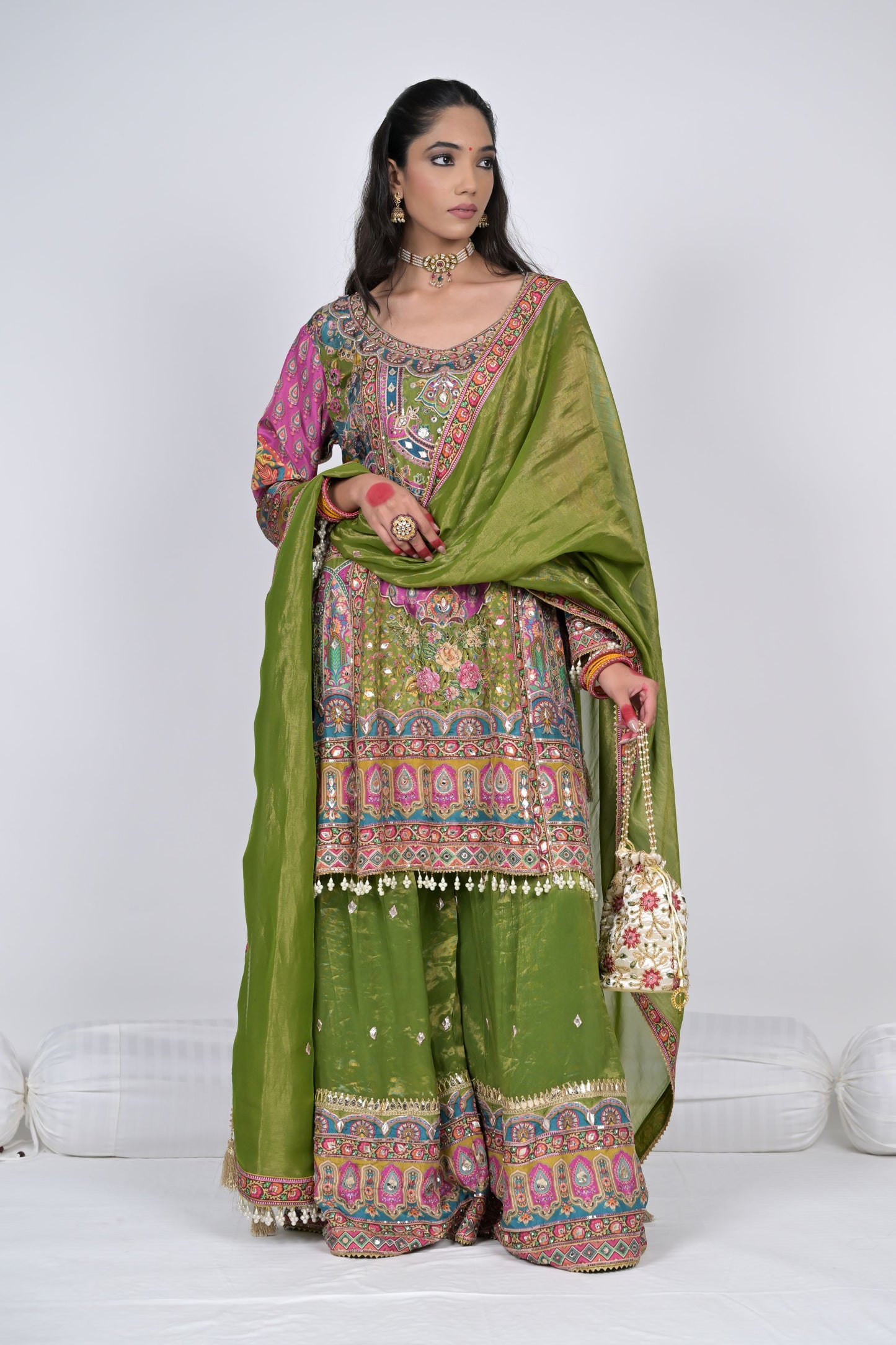 Regal Charm: Rajwada Riwaaz Olive Green Viscose Crepe Sharara Suit