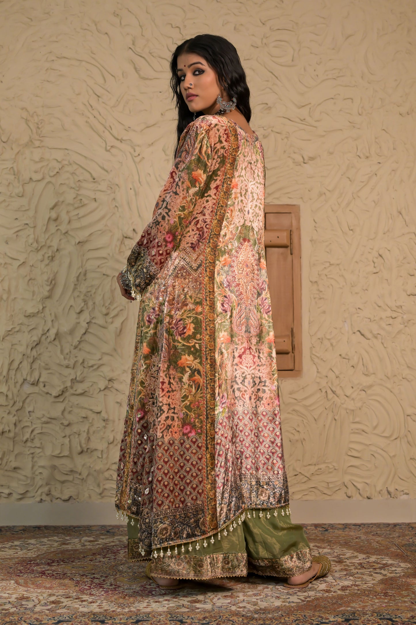 Champagne Olive Green Printed Velvet Suit – Noor Timeless Grace