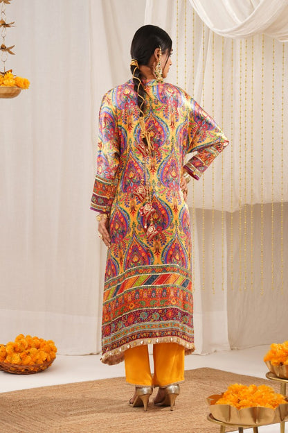 Riwayat - Dark Orange Multicolor Printed Velvet Suit Set with Potli and Dupatta