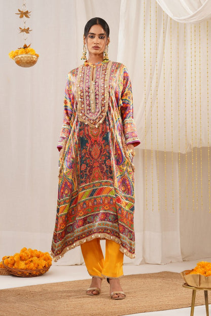 Riwayat - Dark Orange Multicolor Printed Velvet Suit Set with Potli and Dupatta