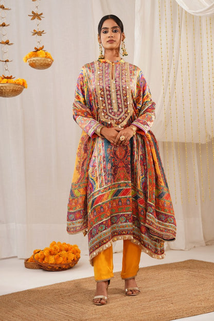 Riwayat - Dark Orange Multicolor Printed Velvet Suit Set with Potli and Dupatta