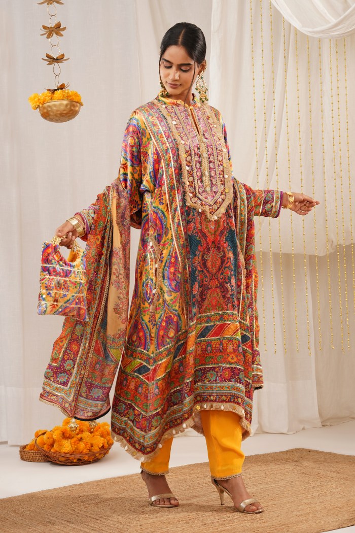 Riwayat - Dark Orange Multicolor Printed Velvet Suit Set with Potli and Dupatta