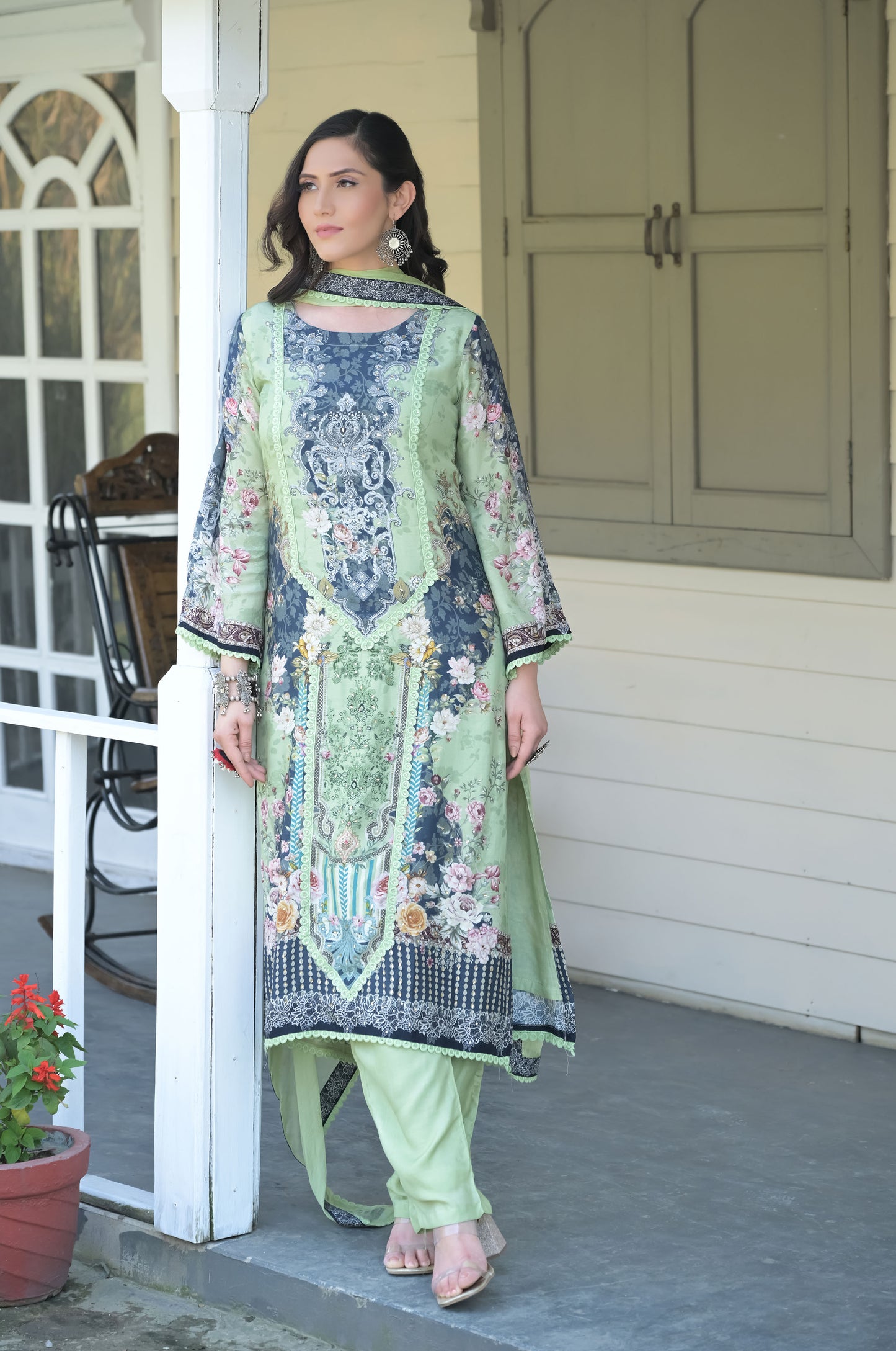 Verdant Visions: Exquisite Floral Green Suit Set - Cotton Muslin #ISH-017-01