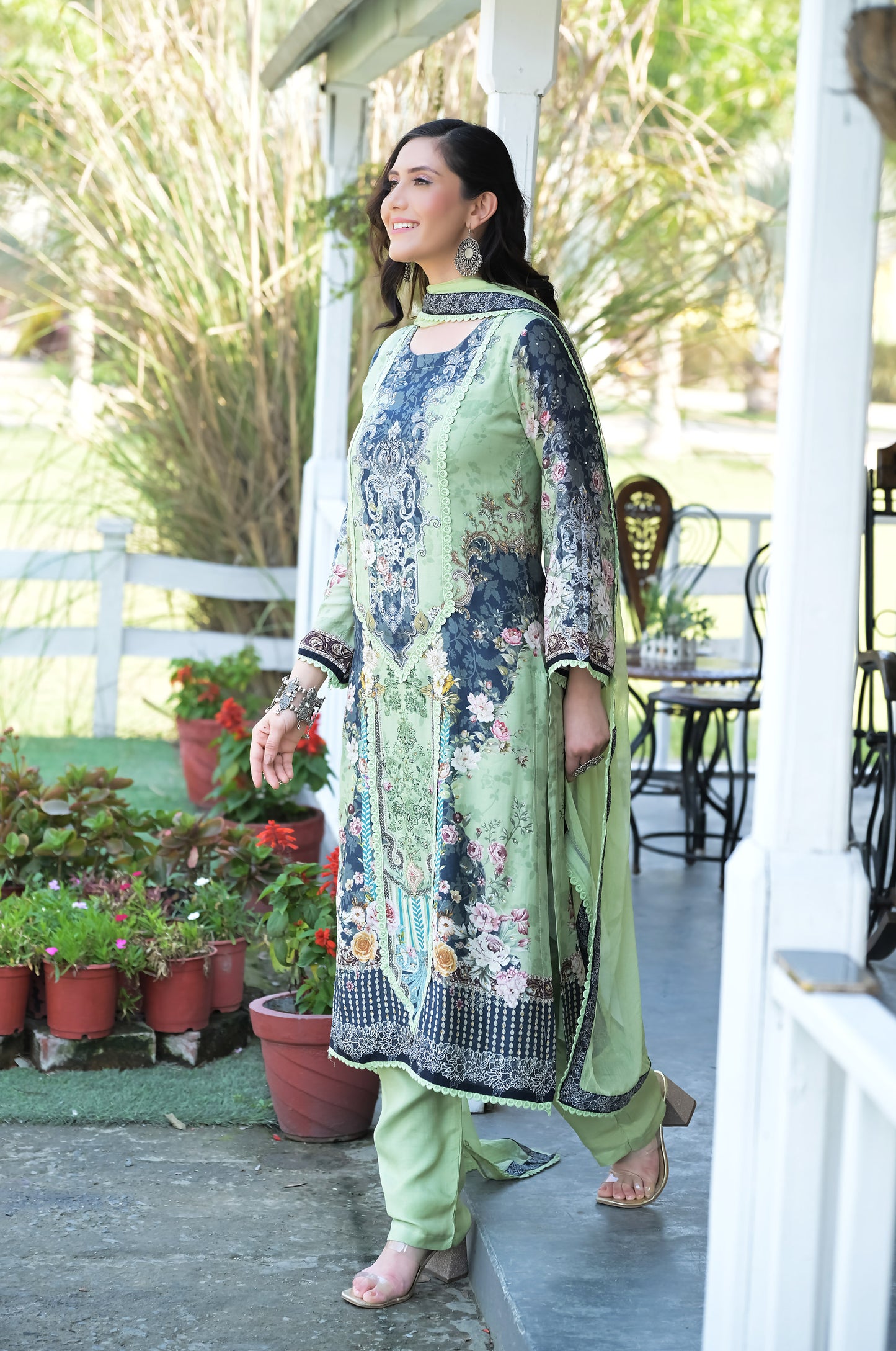 Verdant Visions: Exquisite Floral Green Suit Set - Cotton Muslin #ISH-017-01