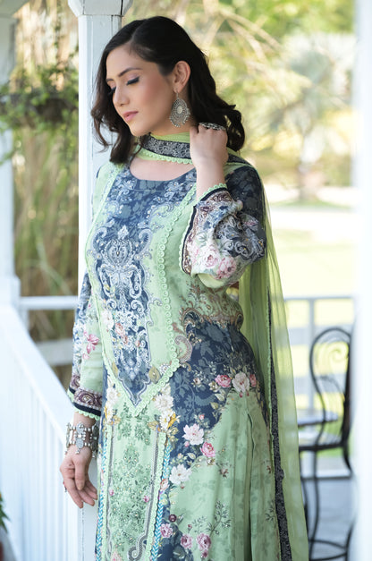 Verdant Visions: Exquisite Floral Green Suit Set - Cotton Muslin #ISH-017-01