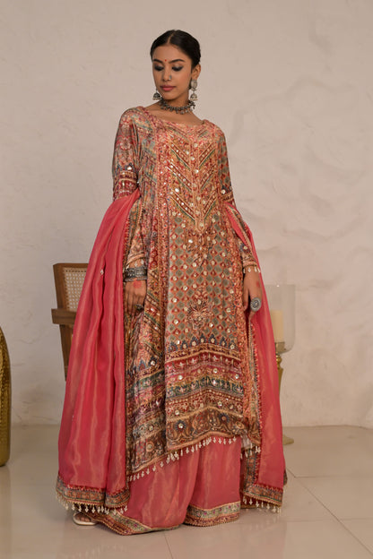 Crimson Pastel Red Printed Velvet Suit with Heritage Patterns – Noor Winter Luxe