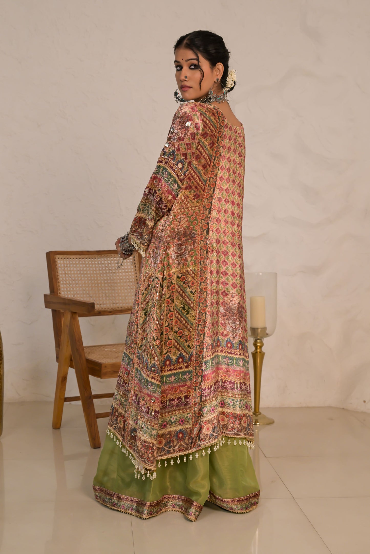 Crimson Wood Brown Printed Velvet Suit with Heritage Patterns – Noor Winter Luxe